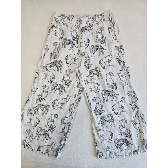 Cynthia Rowley Pants - Cynthia Rowley 100% Linen Animal Tiger Leopard Print Wide-Leg Pants Large White